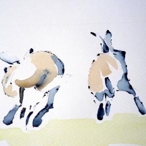 Ruth McCabe. Receding Hares. Ink and wash.