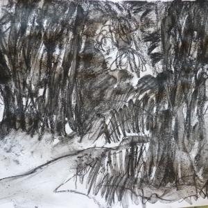 Ruth McCabe.Wenhaston. Shade under the big Sweet Chestnuts. Charcoal.